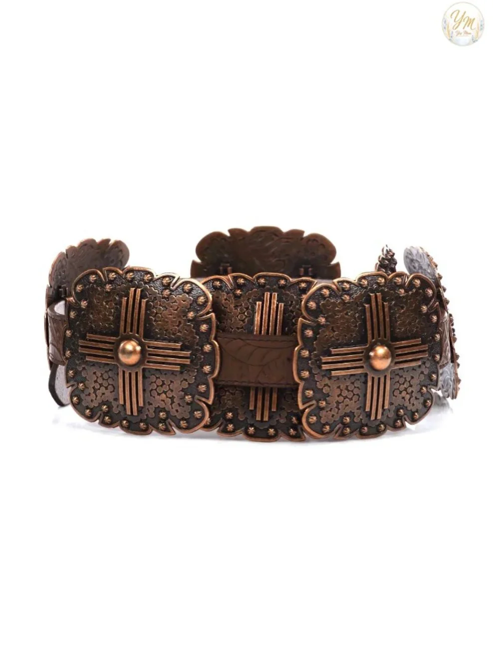 Women's Floral Embossed Leather Belt with Western Square Conchos and Removable